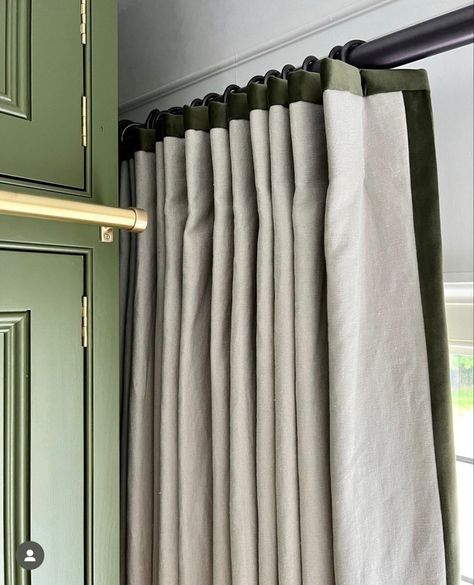 Curtain Detail, Green Curtains Bedroom, Curtain Designs For Bedroom, Small Home Offices, Bedroom Curtains, Luxury Curtains, Curtain Pole, Mossy Green, Interior Windows