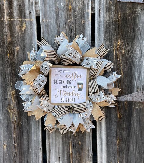 Coffee Wreath Ideas, Coffee Wreath, Burlap Ribbon Wreaths, Wreath Kitchen, Ribbon Wreaths, Office Break Room, Kitchen Wreath, Birthday Wreath, Coffee Sign