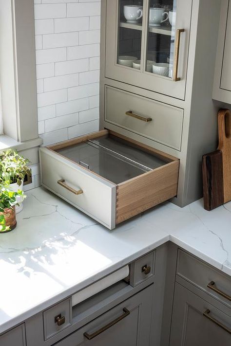 Glass Front Kitchen Cabinets, Studio Dearborn, Bread Drawer, Kitchen Island Tops, Grey Kitchen Island, Award Winning Kitchen, Wood Kitchen Island, Bread Storage, Kitchen Views