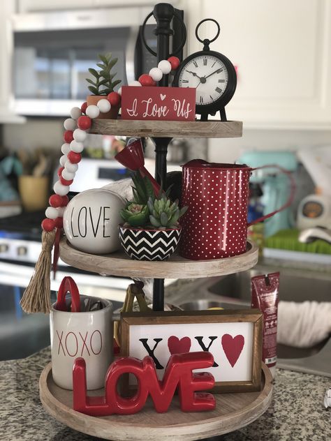 Valentine's Day Tiered Tray Decor, Valentine Three Tier Tray, Tiered Tray Filler Ideas, Valentines 3 Tiered Tray Decor, Valentine Trays Ideas, Valentine Tiered Tray Ideas, Valentine’s Day Tiered Tray, Valentine Tray Decor, Valentines Centerpiece Ideas