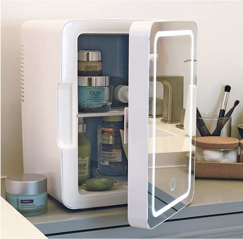 Cosmetic Fridge with LED Lighted Makeup Mirror, 6L AC/DC Compact Refrigerator for Skincare, Beauty Serums, Face Masks, Portable Design with Handle for Home, Travel, Dorm, Office Skin Care Fridge, Mini Fridge In Bedroom, Skincare Fridge, Portable Mini Fridge, Deco Studio, Mini Fridges, Portable Cooler, Dimmable Led Lights, Led Ring Light