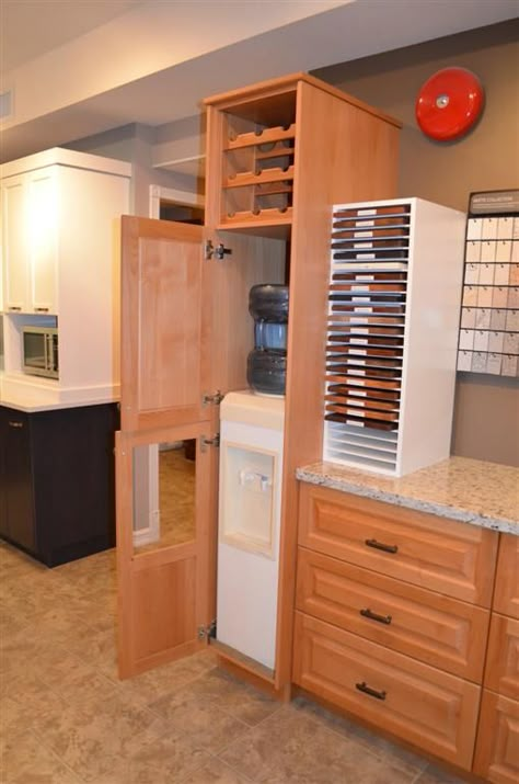 Opened the door for you. Now you can see the water cooler hidden away inside the pantry. Kitchen Refacing, Kitchen Design Plans, Kitchen Inspiration Design, Kitchen Room Design, Dining Nook, Cottage Kitchen, Water Dispenser, Water Cooler, Kitchen Sets