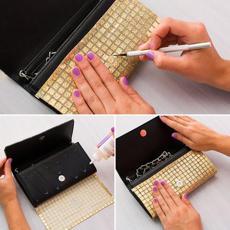 Add some bling to a plain clutch using this DIY tutorial. Diy Clutch, Diy Gold, Sequin Clutch, How To Make Purses, Mindy Kaling, Gold Diy, Gold Sequin, Diy Style, Diy Fashion