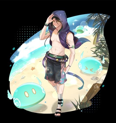 Break Time, Holiday Break, Summer Skin, Fantasy Character Design, In Summer, Beach Outfit, Genshin Impact, Anime Drawings, Anime Boy