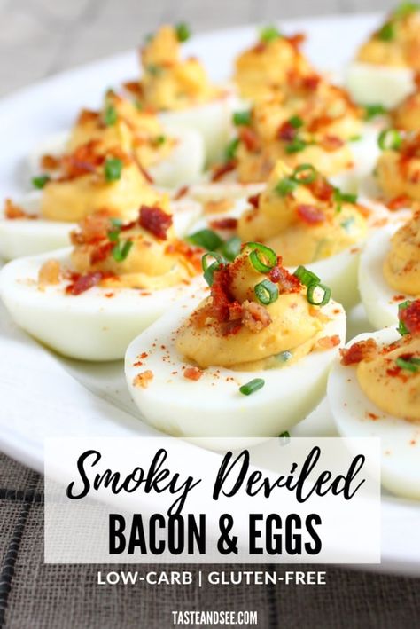 Smoky Deviled Bacon & Eggs are deviled eggs with a smoky twist. With yolks, mayo, Dijon, a squeeze of lemon, green onions, bacon and smoked paprika. #TasteAndSee Angel Eggs, Deviled Eggs With Bacon, Smoked Deviled Eggs, Devilled Eggs Recipe, Perfect Deviled Eggs, Eggs With Bacon, Keto Deviled Eggs, Devilled Eggs Recipe Best, Deviled Eggs Recipe Classic