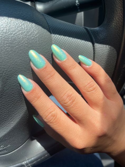 Light Elegance Nail Colors, Teal Nails Sparkle, Aqua Nails Design Ideas Almond, Turquoise Nails Acrylic Almond, Teal Acrylic Nails Almond, Irridescent Nails Green, Teal Chrome Nails Designs, Summer Bachelorette Nails, Aqua Teal Nails