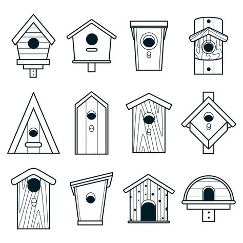 Simple black and white icons of wooden birdhouses. Large, big set of houses for birds, bird feeder of various shapes. Line art. Crafts made of wood. Bird Day, Nature protection. Vector illustration Bird House Drawing Simple, Bird House Doodle, Bird Feeder Drawing, Outline Art Simple Line Drawings, Bird House Illustration, Bird House Drawing, Birdhouse Drawing, Creative Desktop Wallpaper, House Doodle