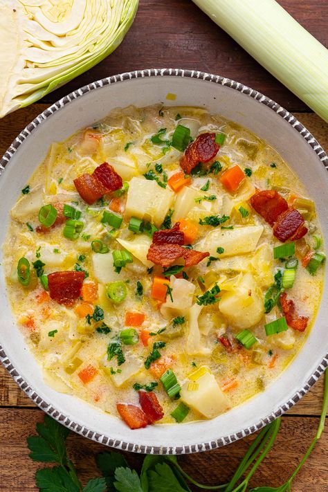 An Irish style potato soup with plenty of vegetables and bacon! Potato And Cabbage Soup, Potato And Cabbage, Bacon Cauliflower, Irish Style, Cabbage And Bacon, Best Soup Recipes, Ancient Grains, Vegetable Soup Recipes, Cabbage Soup