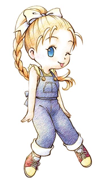 Ann is an eligible bachelorette in Harvest Moon: Back to Nature. She is a bit of a tomboy, which her father Doug accredits to the loss of her mother at a young age. She enjoys cooking above all else, and also loves to eat. She helps her father by cooking and cleaning at the Inn. She's very naive when it comes to love, and is sometimes surprised at her own feelings. Ann has taken a liking to Cliff, a young man who has drifted into town. If you ask Cliff to work at the Winery, he will be your ... Harvest Moon Back To Nature, Hair In Braids, Harvest Moon Game, Rune Factory, Moon Lovers, Harvest Moon, Main Game, Art Style Inspiration, Stardew Valley