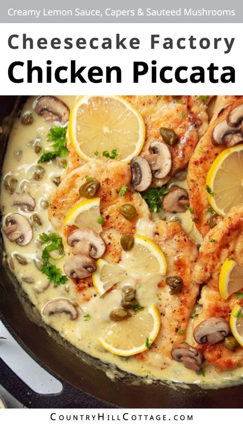 This creamy copycat Cheesecake Factory lemon piccata recipe is an easy and delicious one-pot meal ready in 30 minutes. You get perfectly golden-brown, tender chicken, topped with a rich and bright lemon sauce, tangy capers, and fresh parsley. It's quick enough for a midweek meal, yet elegant enough to serve guests on a weekend dinner party. And something everyone will love! It's a one-pot meal that is ready to eat in about 30 minutes. That also means easy clean-up!| CountryHillCottage.com Chicken Piccata Cheesecake Factory, Lemon Piccata, Cheesecake Factory Chicken, Chicken Piccata Pasta, Copycat Cheesecake Factory, Pizza Dishes, Piccata Sauce, Capers Recipe, Lemon Chicken Piccata