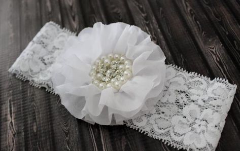 Lace Flowers Tutorial, Baby Headband Tutorial, Baby Lace Headband, Baptism Headband, Pearl Lace, Headband Size, Flower Girl Headbands, Baby Bow Headband, Baby Bow