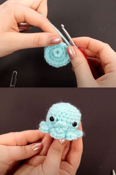 Photo collage of two photos. The top photo is of a person's hands holding the started crochet project and is round at this stage. She is also holding a knitting needle in her right hand. The bottom photo shows her holding the finished crochet octopus, which is a light teal color with black bead eyes. How To Make Crochet Octopus, How To Crochet An Octopus For Beginners, How To Crochet A Octopus Step By Step, How To Crochet A Octopus, Diy Crochet Octopus, Octopus Crochet Pattern Free, Tiny Octopus, Amigurumi Octopus, Octopus Pattern