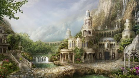 Far Edge by NM-art on DeviantArt Elf City, Elven City, Fantasy House, Fantasy City, Fantasy Castle, Fantasy Setting, Fantasy Places, A Castle, Fantasy Art Landscapes