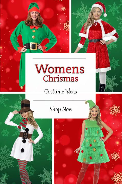 ladies Christmas Costumes including Elf, Santa, Snowman and Christmas Tree Christmas Dress Up Ideas Holiday Parties, Homemade Christmas Costumes, Christmas Fancy Dress Ideas Women, Christmas Theme Outfit Ideas, Christmas Fancy Dress Ideas, Christmas Costume Ideas For Women, Santacon Outfits Women, Christmas Party Costume Ideas, Womens Christmas Outfits