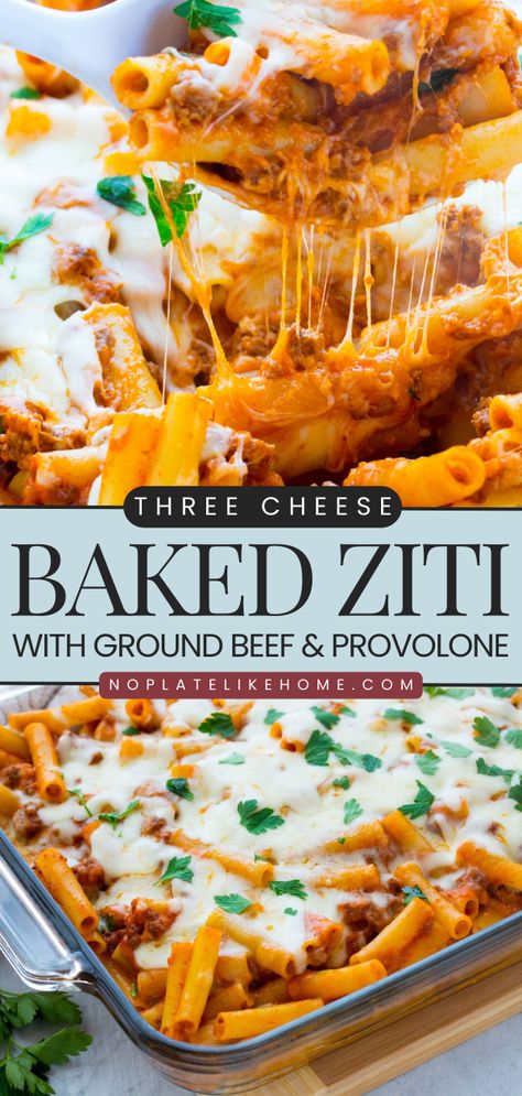 There's so much to love about this Italian recipe! It's a homemade dinner recipe you can store in the freezer. Complete with ground beef and provolone, this cheesy baked ziti will become one of your go-to comfort food! Ground Beef Recipes For Dinner Healthy Oven Baked, Baked Ziti With Provolone Cheese, Baked Ziti With Sour Cream And Provolone, Italian Ground Beef Recipes Pasta, Pasta Bake With Ground Beef, Bake Ziti With Ground Beef, Easy Baked Ziti With Ground Beef, Homemade Ziti, Italian Ground Beef Recipes