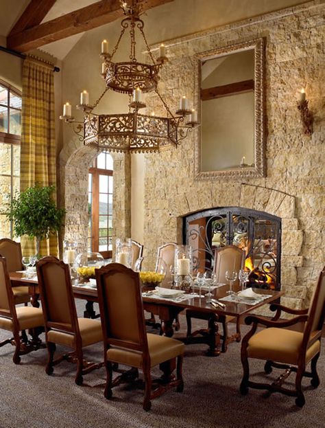 Tuscan-inspired home on the Aspen mountains Dining Room, stone walls, chandelier...prefer hard floor, no carpet.  Dream Home Tuscan Design, Tuscan Kitchen, Tuscan Inspired, Real Estat, Mediterranean Home Decor, Tuscan House, Rustic Dining Room, Tuscan Decorating, Elegant Dining Room