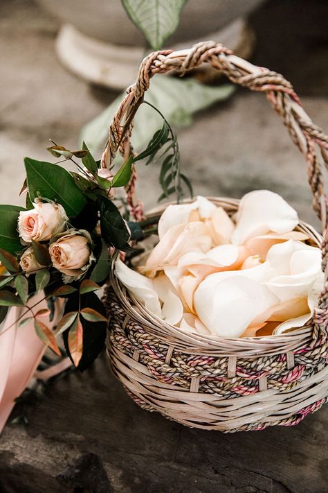 12 Flower Baskets Your Flower Girl Will Love ~ Cool basket to carry flower petals with roses and greens off to one side: Cedarwood Weddings; Nyk & Cali Flower Petal Basket, Flower Basket Bouquet, Flower Girl Wreaths, Flower Girl Petals, Boho Flower Girl, Wedding Flower Girl Basket, Flower Girl Baskets, Floral Baskets, Dark Wedding