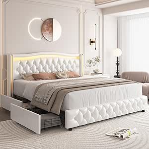 https://amzn.to/4gPWDr5 Led Beds, Led Bed Frame, Lit King Size, Bed Platform, Button Tufted Headboard, White Headboard, King Size Bed Frame, Wingback Headboard, Queen Size Bed Frames