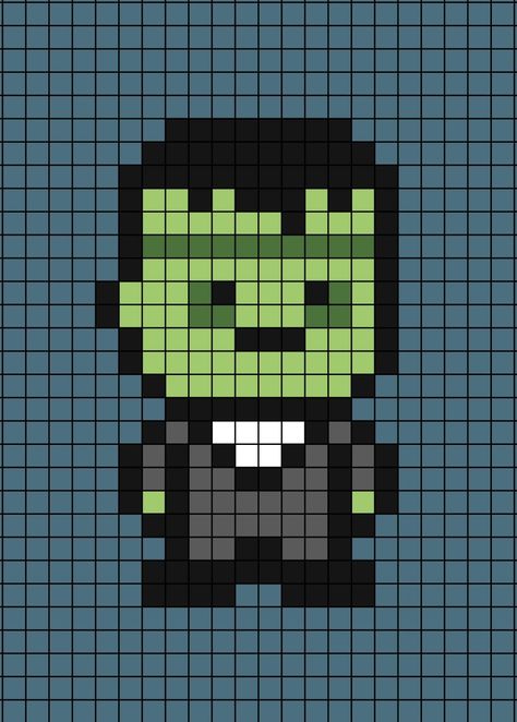 A pixel art template of Frankenstein. Frankenstein Pixel Art, Halloween Grid Art, Pixel Art Ideas Halloween, Pixel Art Pattern Halloween, Halloween Pixel Art Grid, Spooky Pixel Art, Fall Pixel Art, Pixel Art Halloween, Halloween Pixel Art