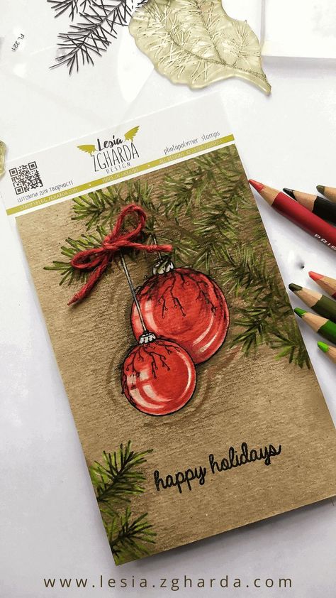 Image - Happy holidays stamped card using Christmas tree balls stamp by Lesia Zgharda clear stamps Winter Cards Handmade, Making Journals, Christmas Tree Bulbs, Christmas Tree Balls, Stamped Christmas Cards, Christmas Tree Branches, Tree Stamp, Beautiful Christmas Cards, Holiday Stamping