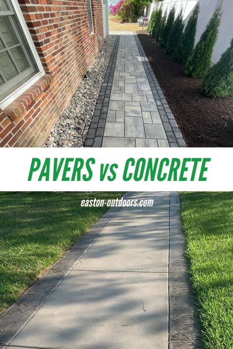 Trying to decide between pavers and concrete for your new patio or driveway update? There are a lot of factors to consider such as price, installation, maintenance, and more. Check out these six important differences between concrete and pavers to help you make your decision. Concrete And Pavers, Large Concrete Pavers, Pavers Over Concrete, Concrete Pavers Walkway, Stamped Concrete Walkway, Poured Concrete Patio, Concrete Paver Patio, Concrete Backyard, Brick Paver Patio