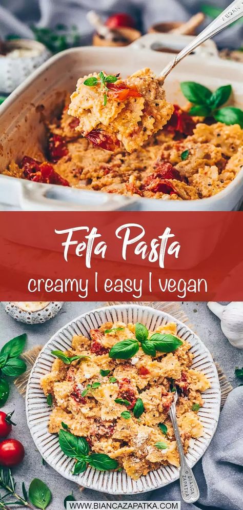 Baked Vegan Feta Pasta is a popular trend recipe that is quick and easy to make in the oven and delicious - simple pasta dish with tomatoes! #pasta #feta #casserole #tomato #easyrecipes #veganrecipes #vegetarian #recipes #food #vegan #healthyrecipes | biancazapatka.com Vegan Feta Recipe, Vegan Feta Pasta, Feta Casserole, Mushroom Pasta Bake, Spinach Mushroom Pasta, Vegan Bbq Recipes, Vegan Ground Beef, Vegan Feta, Vegan Feta Cheese