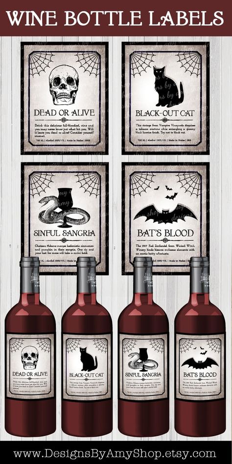 Printable Halloween Wine Labels, Wine Labels, Halloween Party, Adult Halloween Party, Goth Party, Apothecary Bottles, Instant Download #halloween #halloweenparty #halloweendecorations #halloweenprintables Halloween Wine Bottle Labels, Halloween Wine Labels, Halloween Labels Printable, Halloween Apothecary Labels, Halloween Bottle Labels, Goth Party, Halloween Apothecary, Bottle Labels Printable, Halloween Party Printables