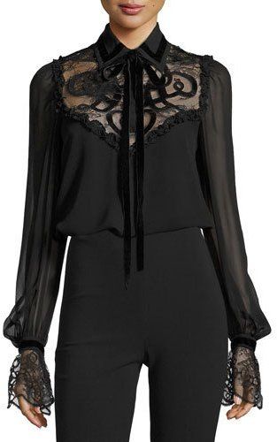 Elie Saab Lace-Yoke Tie-Neck Blouse with Velvet Trim, Black Normal Blouse Designs, Normal Blouse, Valentine's Day Dress, Women Lace Blouse, Women Blouses Fashion, Black Lace Blouse, Shirts Women Fashion, Velvet Trim, Tie Neck Blouse