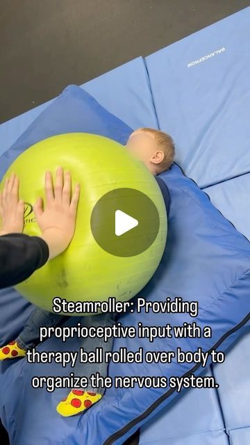 More Than A Gym on Instagram: "Steamroller: Providing proprioceptive input with a therapy ball rolled over body to organize the nervous system!

Have your child lay down in a comfortable position and roll the therapy ball up and down their body applying firm pressure. Proprioceptive input is one of our hidden senses (we have 8 senses total). This system provides a sense of body awareness by sending messages to receptors in our muscles and joints. They tell our bodies what each body part is doing, where our bodies are in space, and how it is moving. Providing this input helps organize the nervous system which can aid in calming children who are overstimulated or increase alertness to aid in attention.

**Check in with your child to see if they want more or less pressure **
This type of prop Vestibular Input Activities For Kids, Sensory Gym Occupational Therapy, Chest Percussion Therapy, Brain Gym Exercises Kids, 8 Sense, Proprioceptive Input, Therapy Ball, Owl Kids, Heavy Work