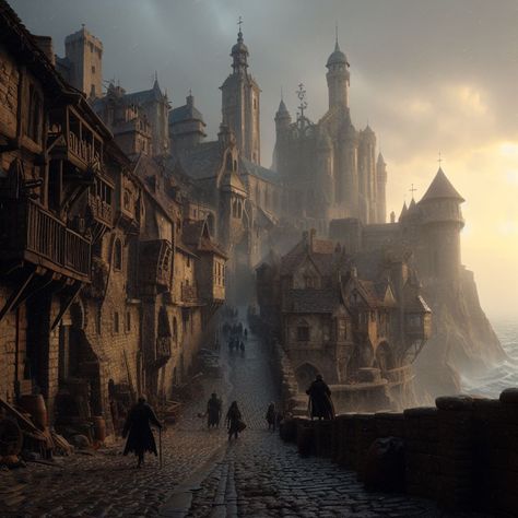 Dark Fantasy Places, Fantasy City Aesthetic, Medieval City, Fantasy City, Fantasy Setting, Fantasy Places, Fantasy Novel, Fantasy Art Landscapes, Medieval Town