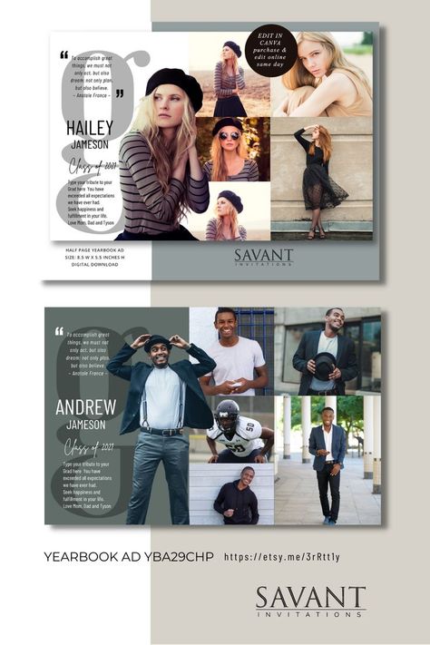 Designed as easy to use, DIY editable Canva Templates for you and your graduates.  Yearbook Templates for your unique graduates. Wedding Yearbook, Half Page Senior Ad Yearbook Ideas, Yearbook Recognition Ads, Canva Yearbook, Yearbook Page Design, Yearbook Ad Ideas, Senior Pages Yearbook Layout, School Yearbook Template, Yearbook Dedication Page