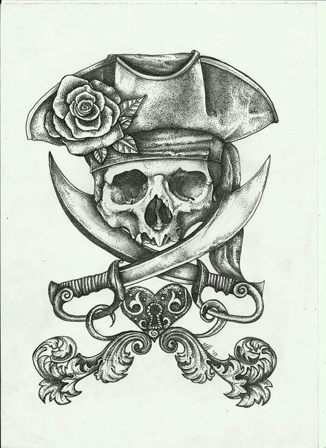 Pretty jolly roger. Pirate Skull Tattoos, Skull Pirate, Kaptan Jack Sparrow, Pirate Tattoo, Sea Tattoo, Crossed Swords, Theme Tattoo, Nautical Tattoo, Pirate Art