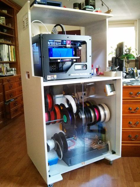 Cabinet+for+printer,+dry+storage+for+filament+with+easy+change+system+and+tooling.+3D+Printing+on+Wheels+-+workstation+by+GuidoZelf. 3d Printer Cabinet Diy, 3d Printer Storage Cabinets, 3d Printer Stand Diy, 3d Printer Desk Setup, 3d Printer Storage Ideas, 3d Printer Table Ideas, 3d Printer Table, 3d Printing Office, 3d Printer Stand