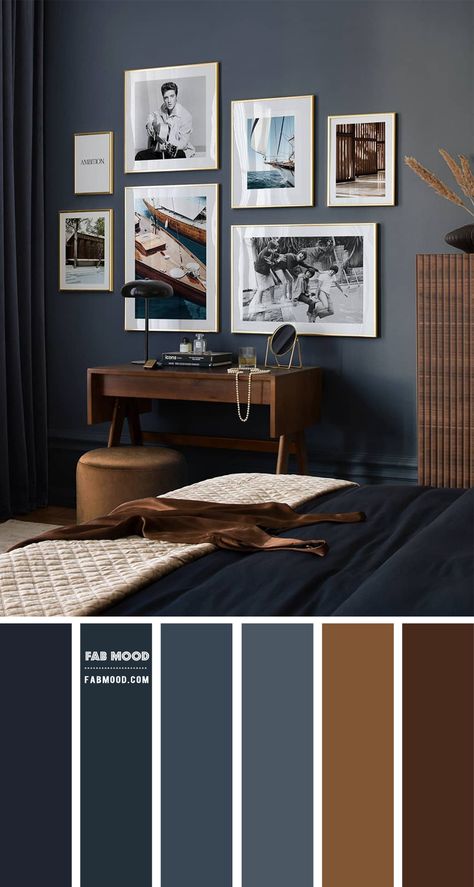 7. Navy Blue and Brown Brown and navy are both versatile colours that can work well together when paired properly. When combining these two... Grey Navy Bedroom Ideas, Hale Navy Color Palette Bedroom, Navy Blue Bedroom Dark Wood, Men’s Room Color Scheme, Navy And Pine Bedroom, Navy Blue And Cherry Wood Bedroom, Navy And Wood Bedroom Ideas, Blue Black And Brown Bedroom, Paint Colors For Guys Bedroom