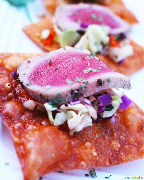 Ahi Tuna Appetizer Crisps Recipe | Urban Bliss Life Ahi Tuna Appetizer, Tuna Wonton, Cucumber Asian, Wonton Crisps, Tuna Appetizer, Wonton Appetizers, Ahi Tuna Salad, Tuna Loin, Crisps Recipe