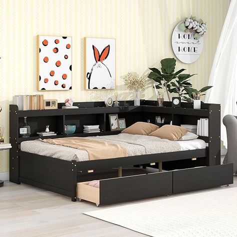 Amazon.com: Full Size Platform Bed with 2 Drawers, Pine Wood Storage Platform Bed with L-Shaped Storage Shelfs and Bookcases, Full Day Bed Frame for Living Room/Bedroom, Solid Wood Slats Support (Full,Espresso) : Home & Kitchen Multifunctional Bed, Full Size Daybed, Metal Daybed, Bookcase Bed, Full Size Platform Bed, Full Size Bed Frame, Bookcase Headboard, Daybed With Storage, Full Bed Frame