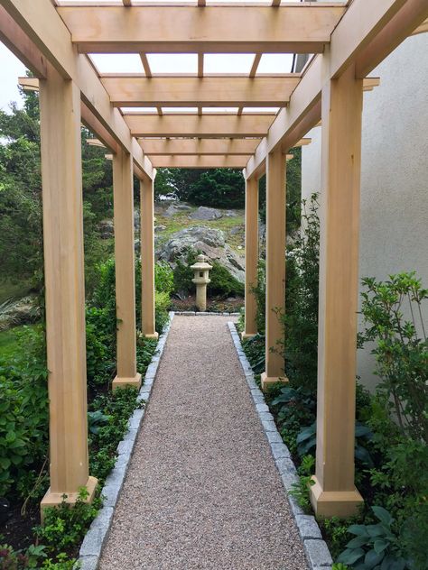 Pergola Walkway in Newport, RI by A4 Architecture + Planning. Photography by Brendan Spina. Pergola Over Walkway, Covered Garden Walkway, Sidewalk Pergola, Pergola Walkway Pathways, Walkway Design Architecture, Pergola Walkways, Covered Walkway Architecture, Walkway Trellis, Walkway Cover