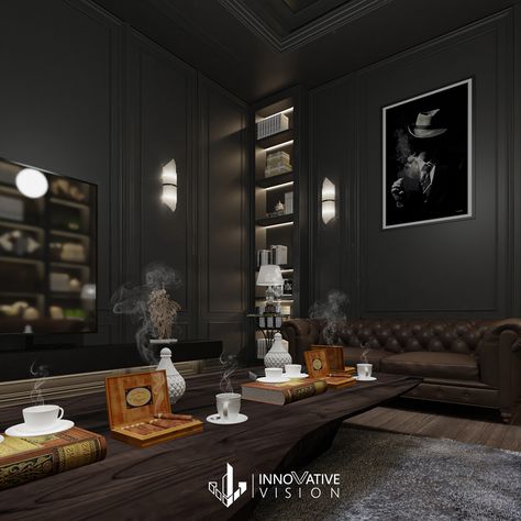 cigar lounge option 2 :: Behance Home Lounge Room Bar, Zigarren Lounges, Bar Lounge Room, Whiskey Lounge, Chocolate Sofa, Home Bar Rooms, Sitting Rooms, Luxury Bar, Lounge Ideas