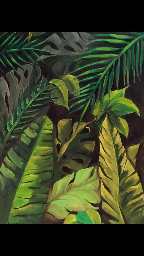 Rainforest Painting Easy, Jungle Leaves Painting, Jungle Painting Acrylic, Rainforest Painting, Plants Paintings, Jungle Artwork, Jungle Painting, Jungle Mural, Jungle Tree