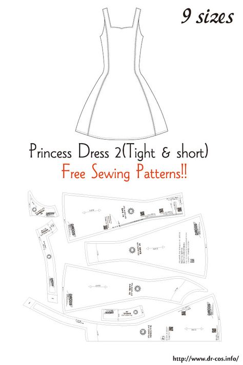 Pattern Of Dress, Free Short Dress Pattern, 1 Yard Dress Pattern, Princess Dress Patterns Free, Princess Dress Sewing Patterns, Short Dress Sewing Pattern, Easy Dress Pattern Free, Free Cosplay Patterns, Sewing Templates For Clothes