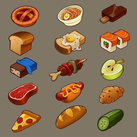 ArtStation - Food icons 🍔, our callboy Food Art Cartoon, Food Icon Illustration, Food Concept Ideas, Game Food Art, Food Concept Art, Bread Icon, Pixel Art Food, Food Game, Game 2d