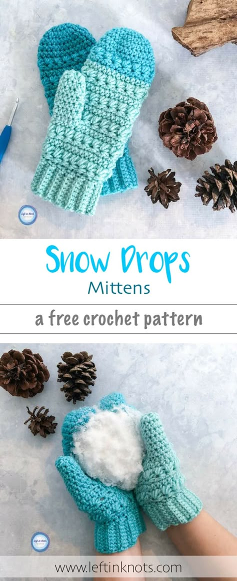 The Snow Drops Mittens pattern is a free, modern crochet pattern with  a stunning texture thanks to the star stitch.  This pattern uses less than one cake of Caron Cakes yarn and has video tutorials to help you with the stitches and construction.  Find the free matching scarf and hat patterns on my blog as well. #caroncakes #freecrochetpattern #mittens @yarnspirations Crocheted Mittens, Crochet Mitts, Crochet Mittens Free Pattern, Crochet Mittens Pattern, Finger Crochet, Snow Drops, Confection Au Crochet, Modern Crochet Patterns, Bonnet Crochet