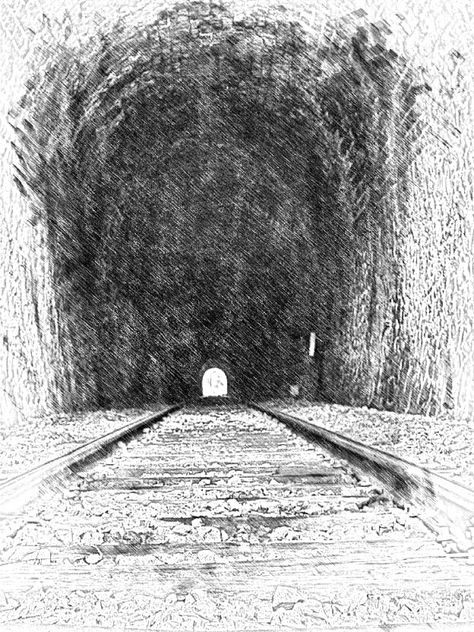 Railway Tunnel Tunnel Drawing Art, Tunnel Drawing Easy, Tunnel Graphic Design, Tunnel Sketch, Tunnel Perspective, Road Inktober, Tunnel Drawing, Peter Core, Diary Collage