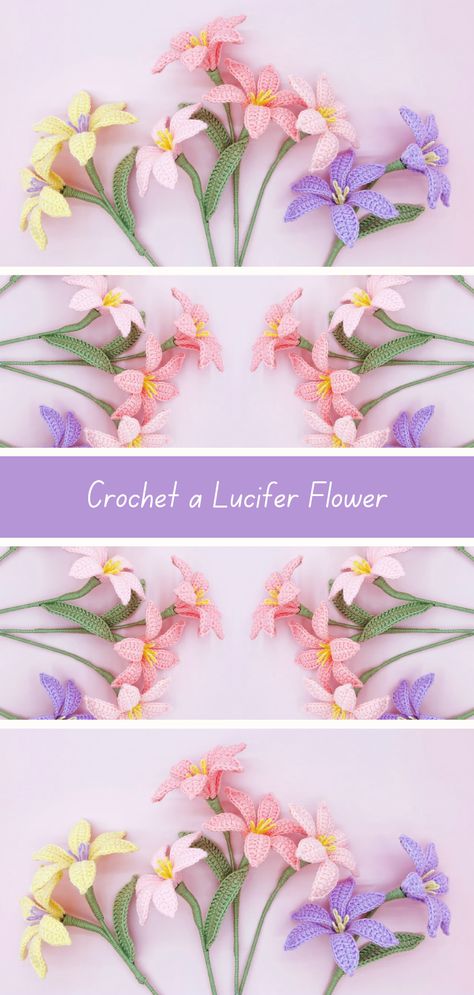 Crochet Lucifer flower tutorial: Materials - yarn, wire, hook, scissors. Steps: Crochet petals, stamen, leaf. Assemble onto branch. Lily Flower Origami, Lucifer Flower, Flower Crochet Tutorial, Origami Lily, Flower Origami, Crochet Project Free, Octopus Crochet Pattern, Crochet Garden, Crochet Butterfly Pattern