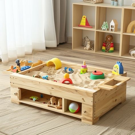 Children's Play Sand Table 🔆 #MontessoriBed #ChildFurniture #ToddlerRoomDecor #NaturalMaterials #WoodenToys #KidsRoomInspiration #MontessoriHome #EcoFriendlyKids #ToddlerSleep #ParentingIdeas Kids Toys Room, Montessori Toddler Room, Wooden Kids Furniture, Modern Kids Playroom, Rocking Bed, Daycare Furniture, Kindergarten Interior, Daycare Classroom, Rocking Cradle