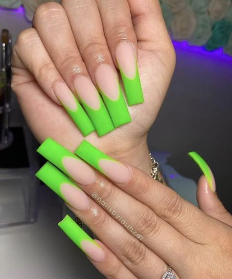 Lime Green And White Nails Design, Fluorescent Green Nails, Green And White Nails, Nail Suggestions, Lime Nails, Green Acrylic Nails, Tapered Square Nails, Long Acrylic Nail Designs, French Tip Acrylic Nails