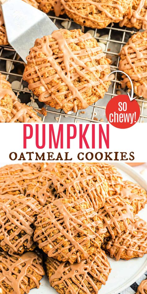 Soft and chewy Pumpkin Oatmeal Cookies with white chocolate morsels and maple glaze need a place in your cookie jar this fall! Cookies With White Chocolate Chips, Pumpkin Cookies Easy, Cookies With White Chocolate, Pumpkin Oatmeal Cookies, Pumpkin Delight, Shugary Sweets, Cookie Recipes Homemade, Holiday Favorite Recipes, Pumpkin Recipes Dessert