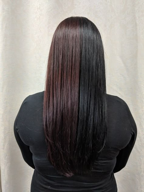 Black And Brown Split Dye Hair, Brown And Black Split Dye, Half Black Half Brown Hair, Half Coloured Hair, Half Red Hair, Alt Hair Ideas, Kevin Murphy Color Me, Red Hair Black Hair, Haircut Lob