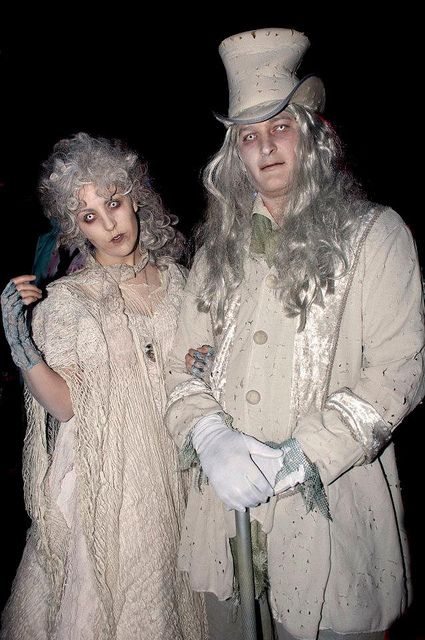 Victorian Ghost Costumes - a great example of how details make the costume. Make-up, contact lenses, wigs, cane, gloves - completely tricked out for a fully haunting look! Victorian Ghost, Ghost Makeup, Addams Family Costumes, Ghost Halloween Costume, Ghost Diy, Ghost Costume, Couples Halloween, Halloween 2015, 31 Days Of Halloween