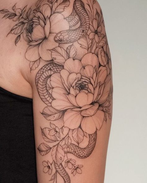 Snake And Flowers Tattoo, Snake And Flowers, Floral Tattoo Shoulder, Tattoo Shoulder, Flowers Tattoo, Snake Tattoo, Tattoo Ideas, Tattoos, Floral